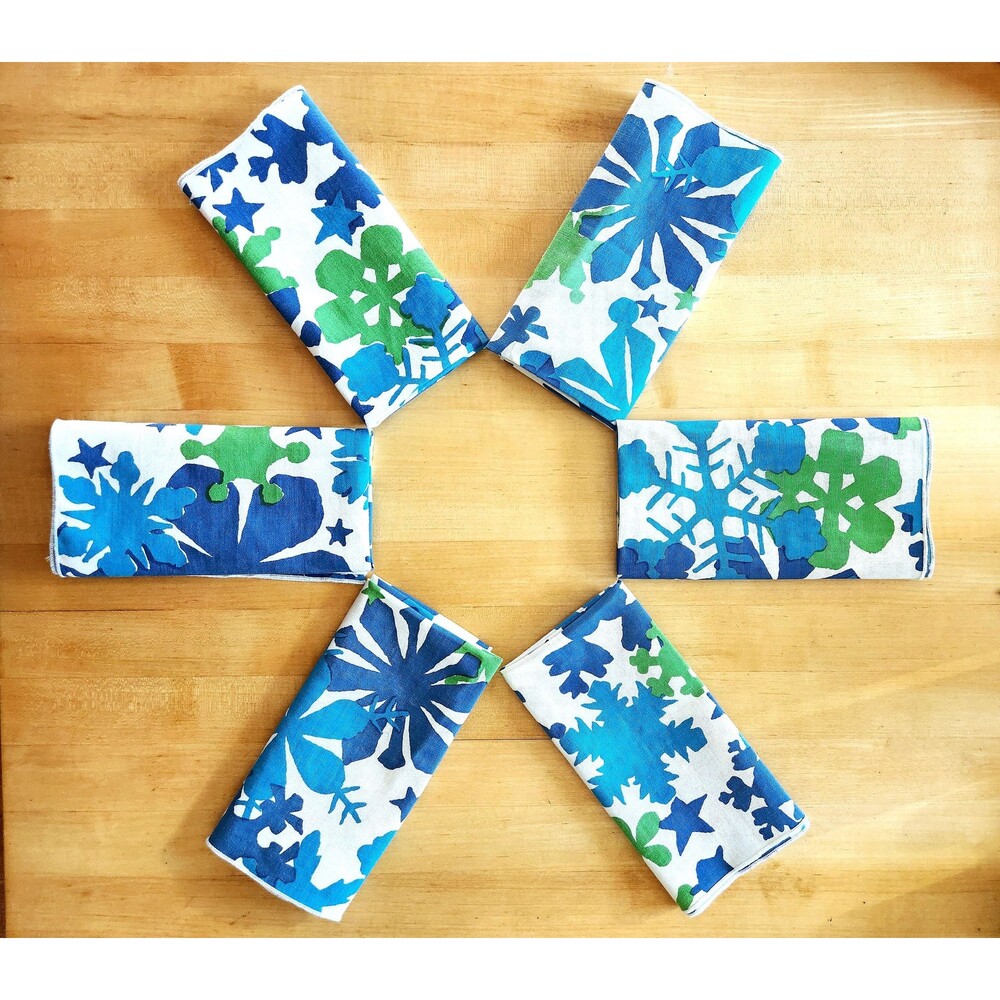 MCM 1960s Cloth Napkins: Set of 6, Mod Snowflake, Vintage Christmas, 16x16